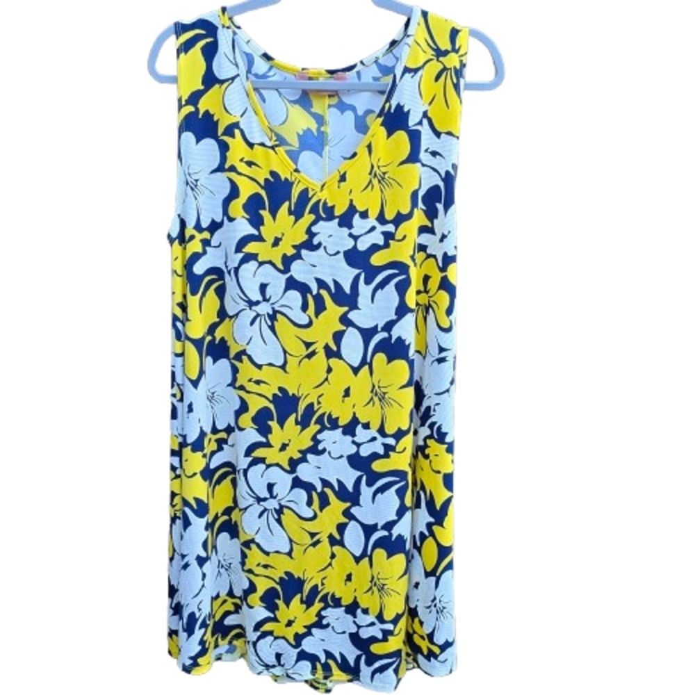 Floral Sleeveless Tunic- Blue and Yellow Size 1X